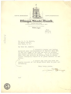 Letter from Binga State Bank to W. E. B. Du Bois