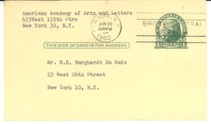 Postcard from American Academy of Arts and Letters to W. E. B. Du Bois