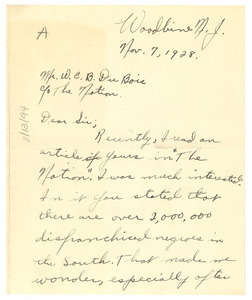Letter from Samuel Levin to W. E. B. Du Bois