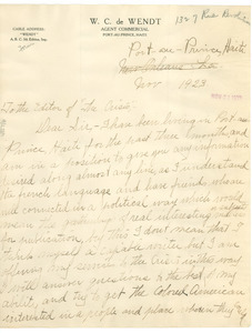 Letter from Bertha V. De Wendt to the editor of the Crisis