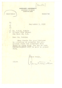 Letter from Oscar Handlin to W. E. B. Du Bois