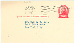 Postcard from National Association for the Advancement of Colored People to W. E. B. Du Bois