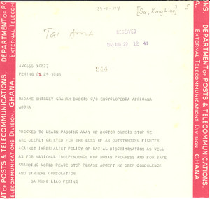 Telegram from Kung Liao Sa to Shirley Graham Du Bois