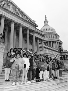 Group of visitors, posed on the steps of the United States Capitol building