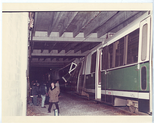 Unidentified Green Line collision, view in tunnel of damaged trains