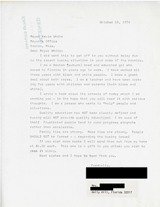 Correspondence between Mayor Kevin White and a woman in Holly Hill, FL