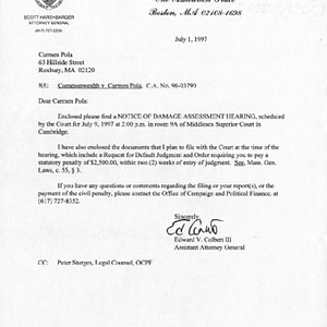 Letter from Edward V. Colbert III, Assistant Attorney General of Massachusetts, to Carmen Pola, enclosing a notice of scheduled appearance at Middlesex Superior Court