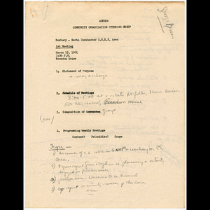 Agenda for community organization steering group meeting held March 15, 1961, with notes