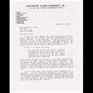 Letter from Robert L. Marshall to Mayor Raymond L. Flynn about appointing executive secretary to Boston School Committee