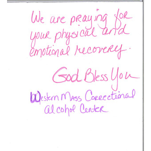 Card from a woman at the Western Massachusetts Correctional Alcohol Center