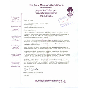 Letter from Reverend Joe A. Jackson of Best Grove Missionary Baptist Church Goldsboro, North Carolina