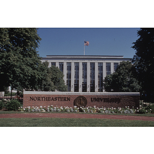 Northeastern University sign in front of Krentzman Quad