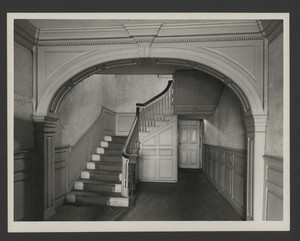 Interior view of the Jarathmael Bowers House, hall stairs, Somerset, Mass., undated