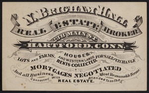 Trade card for N. Brigham Hall, real estate broker, 238 Main Street, Hartford, Connecticut, undated