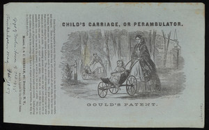 Advertisement for child's carriage or perambulator, Gould's patent, J. & C. Berrian, sole agents, 601 Broadway, New York, New York, February 1857