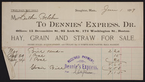 Billhead for Dennies' Express. Dr., hay, grain, and straw for sale, 15 Devonshire St., 95 Arch St., 174 Washington St., Boston, Mass., dated June 1, 1899