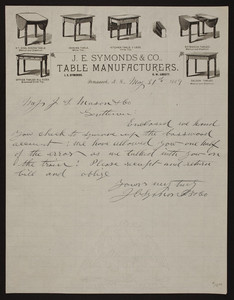 Letterhead for J.E. Symonds & Co., table manufacturers, Penacook, New Hampshire, dated May 31, 1889