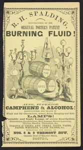 Advertisement for R.H. Spalding, burning fluid, Nos. 8 & 9 Tremont Row, opposite head of Hanover Street, Boston, Mass., 1855
