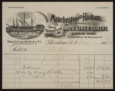 Billhead for Manchester and Hudson, brick, lime & cement drain pipe, 55 Point Street, Providence, Rhode Island, dated November, 1903