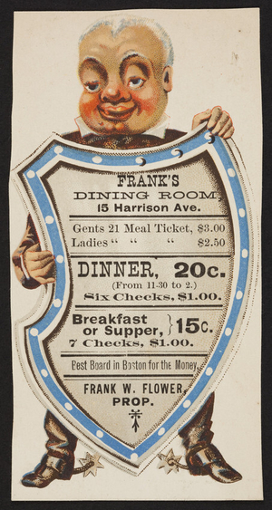 Trade card for Frank's Dining Room, Frank W. Flower, 15 Harrison Avenue, Boston, Mass., undated
