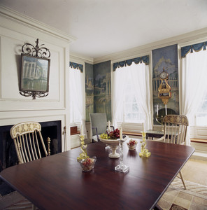Dining room showing mural and table with glass candlesticks, Hamilton House, South Berwick, Maine