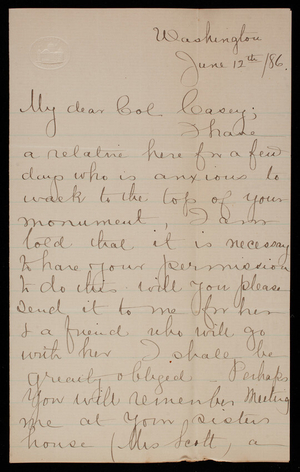 Agnes Pauline Otis to Thomas Lincoln Casey, June 12, 1886