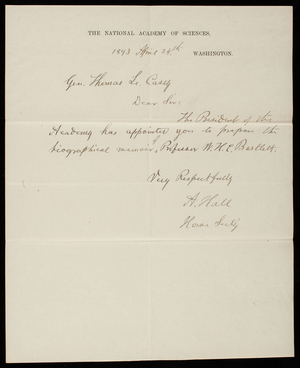 A. Hall/National Academy of Sciences to Thomas Lincoln Casey, April 24, 1893