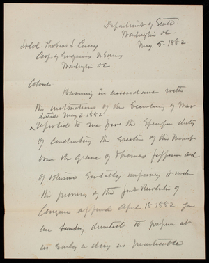 [Illegible] to Thomas Lincoln Casey, May 5, 1882, copy