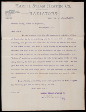 W. D. Moore, Harell Steam Heating Co. to Thomas Lincoln Casey, November 23, 1893
