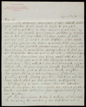 W. Milner Roberts to Thomas Lincoln Casey, September 11, 1876