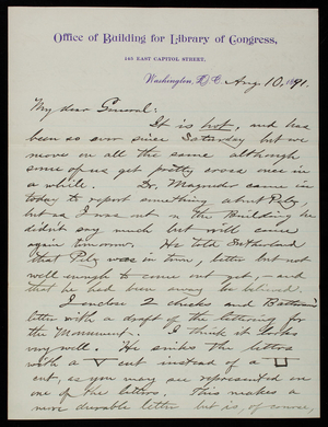 [Bernard R.] Green to Thomas Lincoln Casey, August 10, 1891
