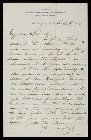 [Bernard R.] Green to Thomas Lincoln Casey, September 8, 1895