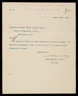 Office of the Light-House Board to Thomas Lincoln Casey, August 29, 1889