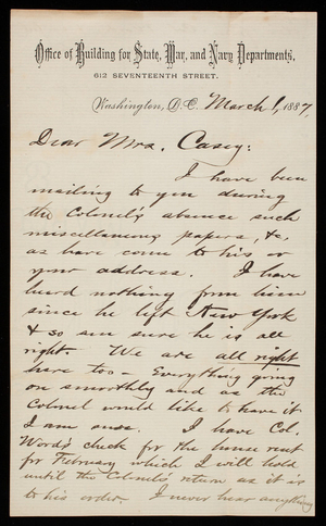 Bernard R. Green to Mrs. [Emma Weir] Casey, March 1, 1887