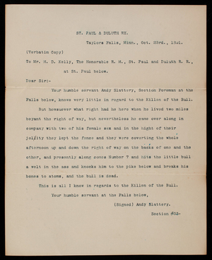 Andy Slattery to Mr. M. D. Kelly, October 23, 1891, copy