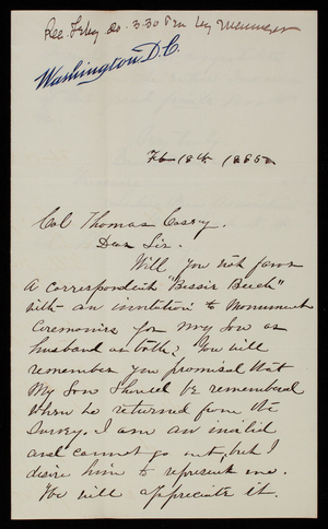 Bessie Buck Lincoln to Thomas Lincoln Casey, February 18, 1885
