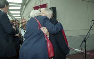 Dedication ceremonies for the Conte Polymer Center: Corinne Conte greeted by an acquaintance