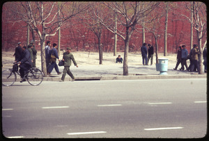 Sidewalk scene, child going to bathroom