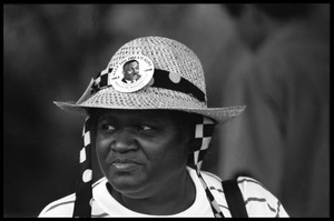 Catherine Frazier of the Urban League of Rhode Island, wearing a straw hat with Martin Luther King's image on a button and the phrase the 'Keep the dream alive', 25th Anniversary of the March on Washington