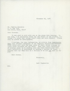 Letter from Judi Chamberlin to Kirsten Hinsdale