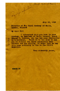 Letter from W. E. B. Du Bois to Royal Academy of Music
