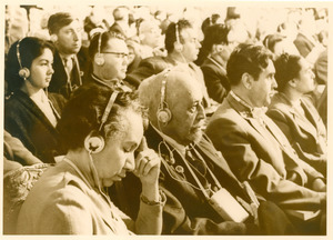 W. E. B. Du Bois and Shirley Graham Du Bois in audience at conference in Soviet Union