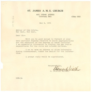 Letter from D. Ormonde Walker to W. E. B. Du Bois