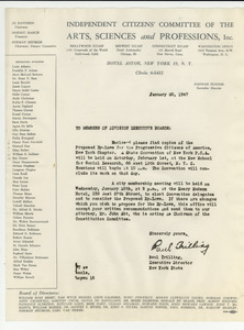 Circular letter from Independent Citizens' Committee of the Arts, Sciences and Professions to Members of Division Executive Boards