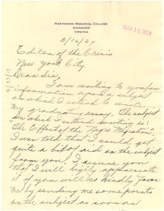 Letter from Pocahontas Whitley to the editor of The Crisis