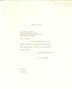 Letter from W. E. B. Du Bois to World Congress for Peace American Sponsoring Committee