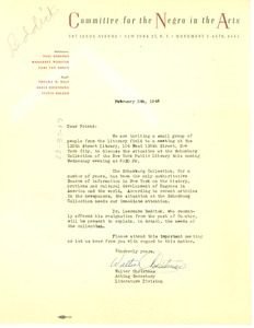 Circular letter from Committee for the Negro in the Arts to W. E. B. Du Bois