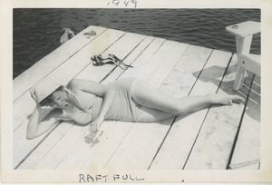 Bernice Kahn in her bathing suit on a dock