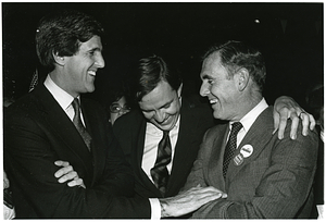 Mayor Raymond L. Flynn laughing with John Kerry and unidentified man