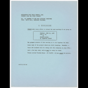 Memorandum from Betty Gray to members of the Host Advisory Committee about attending meeting on June 15, 1965